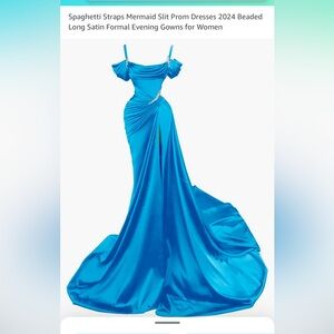 Spaghetti Straps Mermaid Slit Beaded Long Satin Formal Evening Gowns.